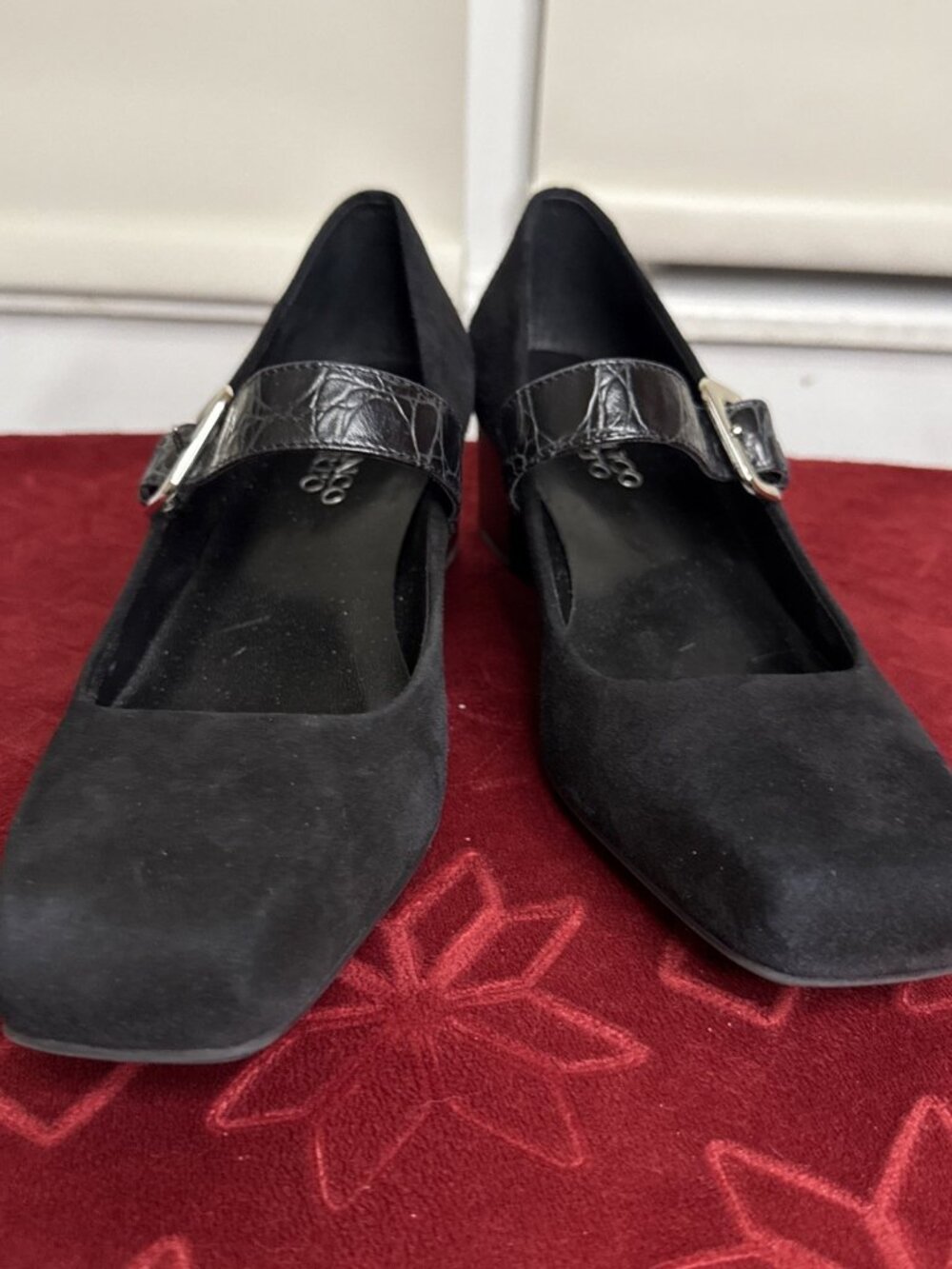 FRANCO SARTO Black Suede "L-Fave" MaryJane Style Heels,Square Toe,Womens 7M